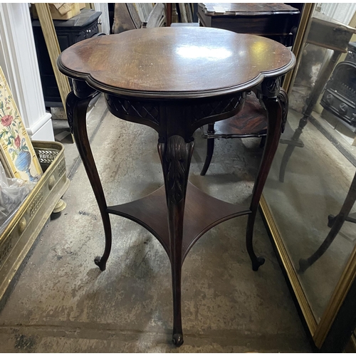 155 - A MAHOGANY OCCASSIONAL TABLE, with clover shaped top, panels of crosshatched carving to frieze and f... 