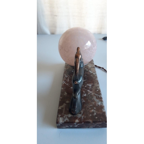 158 - A BEAUTIFUL ART DECO MARBLE BASED TABLE LAMP, with a metal figure of a running gazelle & a blush pin... 