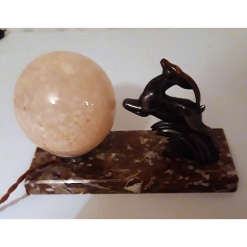 158 - A BEAUTIFUL ART DECO MARBLE BASED TABLE LAMP, with a metal figure of a running gazelle & a blush pin... 