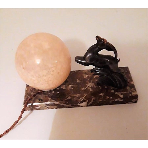 158 - A BEAUTIFUL ART DECO MARBLE BASED TABLE LAMP, with a metal figure of a running gazelle & a blush pin... 