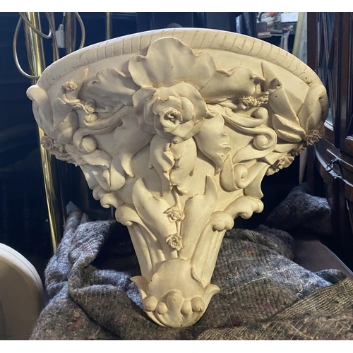 179 - A FINE ALABASTER ROSE WALL PLINTH, demi-lune form to top, the base beautifully decorated throughout ... 