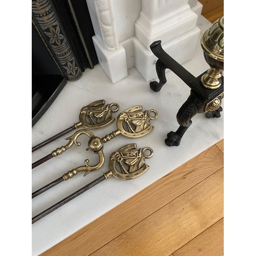 188 - A VERY GOOD QUALITY ANTIQUE SET OF STEEL & BRASS FIRE IRONS, late 19th century, recently refurbished... 