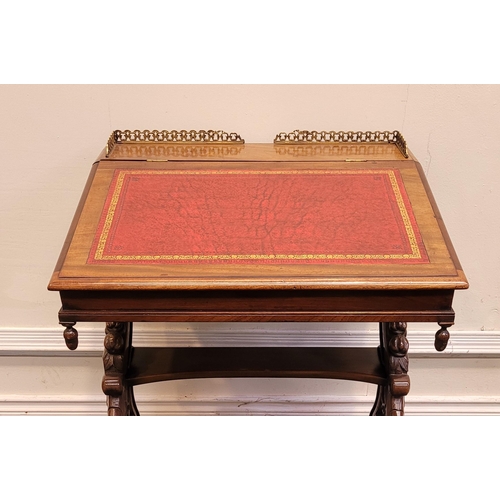 198 - A VERY FINE 19TH CENTURY MAHOGANY LEATHER TOPPED WRITING DESK, 	the top with brass gallery railing a... 