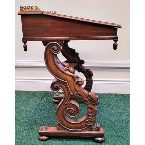 198 - A VERY FINE 19TH CENTURY MAHOGANY LEATHER TOPPED WRITING DESK, 	the top with brass gallery railing a... 