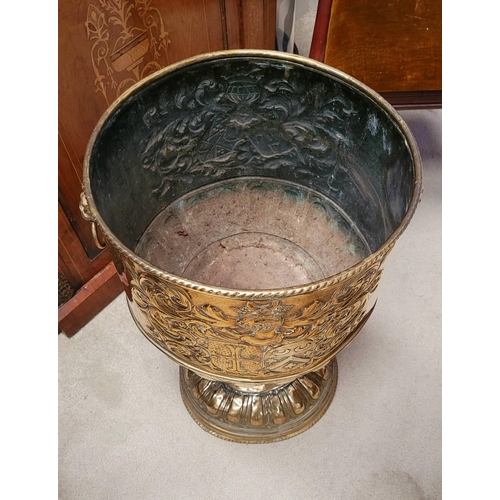 2 - A LARGE 19TH CENTURY BRASS PLANTER ‘CACHÉPOT’ decorated to the body with a crest on each side & a pa... 