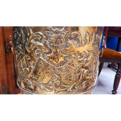 2 - A LARGE 19TH CENTURY BRASS PLANTER ‘CACHÉPOT’ decorated to the body with a crest on each side & a pa... 