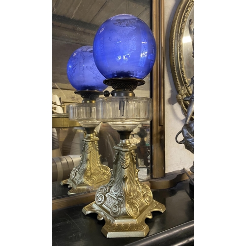 20 - A VERY GOOD QUALITY VICTORIAN ‘HINKS DUPLEX PATENT’ OIL LAMP, with double burner, the blue globe sha... 