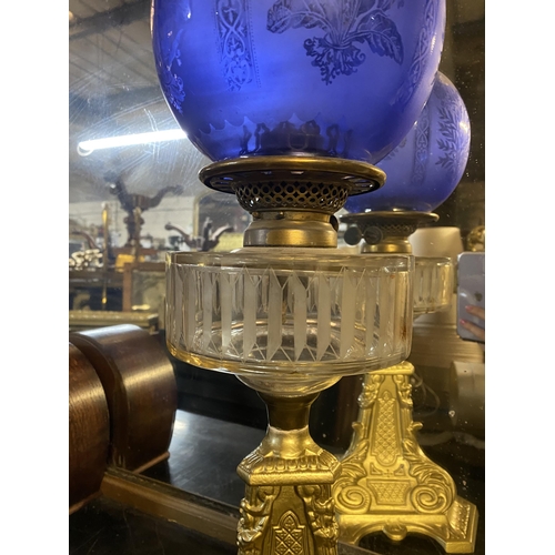 20 - A VERY GOOD QUALITY VICTORIAN ‘HINKS DUPLEX PATENT’ OIL LAMP, with double burner, the blue globe sha... 