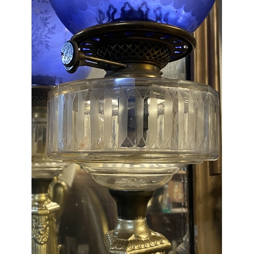 20 - A VERY GOOD QUALITY VICTORIAN ‘HINKS DUPLEX PATENT’ OIL LAMP, with double burner, the blue globe sha... 