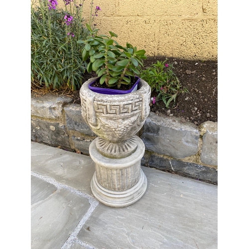 201 - A VERY GOOD QUALITY PAIR OF STONE GARDEN URN PLANTERS, each with Greek key decoration to the top and... 