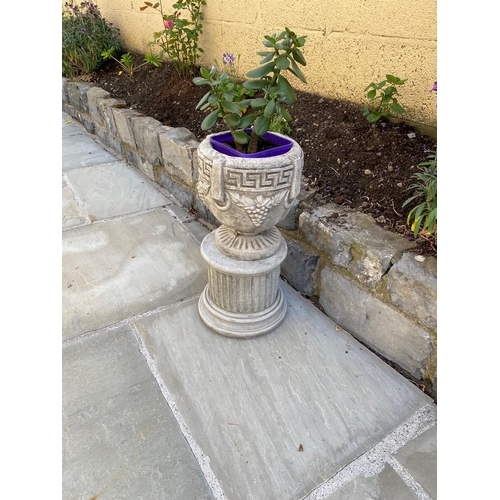 201 - A VERY GOOD QUALITY PAIR OF STONE GARDEN URN PLANTERS, each with Greek key decoration to the top and... 