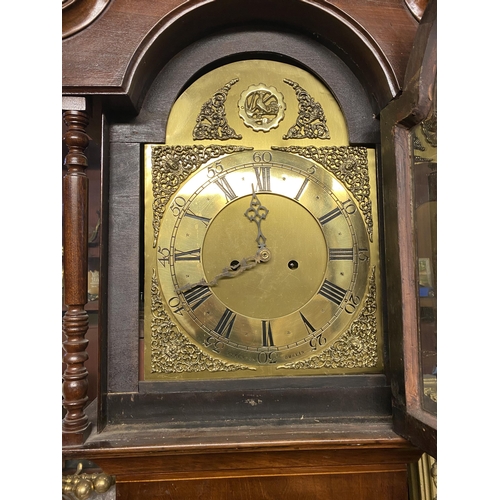 212 - AN EXCELLENT IRISH GEORGIAN LONGCASE CLOCK BY ATKINSON OF DUBLIN, the hood with swan neck pediment w... 