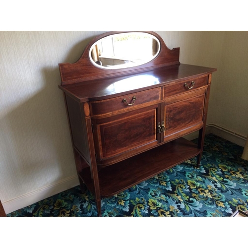 219 - A GOOD EDWARDIAN MAHOGANY INLAID SIDE BOARD, with raised mirror back, having a central oval shaped b... 