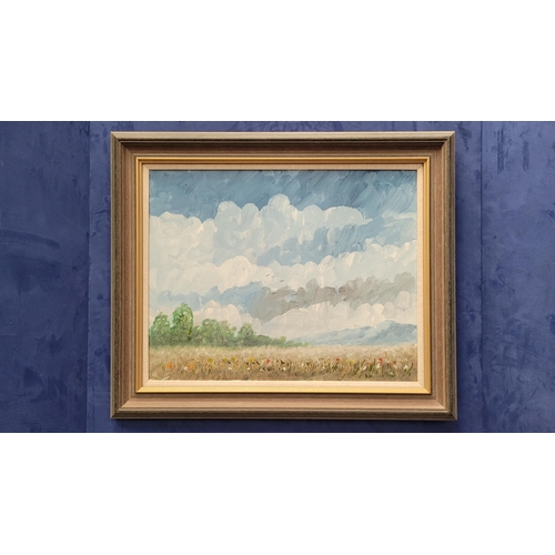 27 - A FRAMED PAINTING: 20TH CENTURY, Sky-scape with beautiful depiction of clouds over a flower meadow w... 