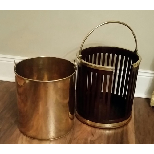 28 - A GEORGE III MAHOGANY & BRASS BOUND PLATE BUCKET, of neat proportions, the body is slatted with bras... 