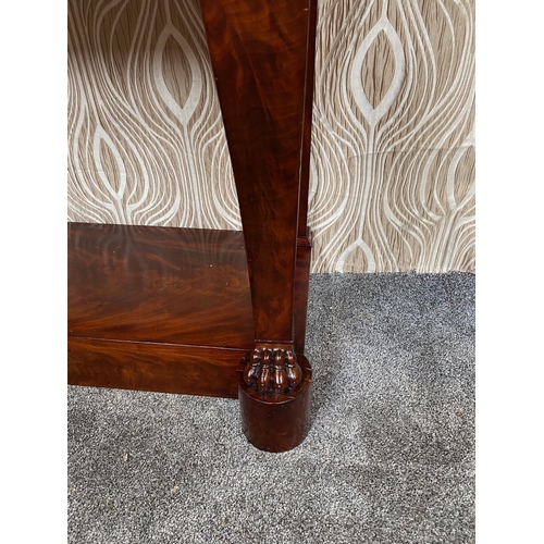 3 - AN EXCEPTIONAL MARBLE TOPPED WILLIAM IV MAHOGANY CONSLE TABLE, with a triple reed detail to the rect... 