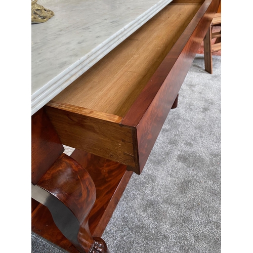 3 - AN EXCEPTIONAL MARBLE TOPPED WILLIAM IV MAHOGANY CONSLE TABLE, with a triple reed detail to the rect... 