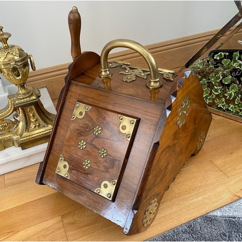 40 - A VERY GOOD QUALITY VICTORIAN / LATE 19TH CENTURY WALNUT LIFT TOP BRASS BOUND FIRE BOX, to the top i... 