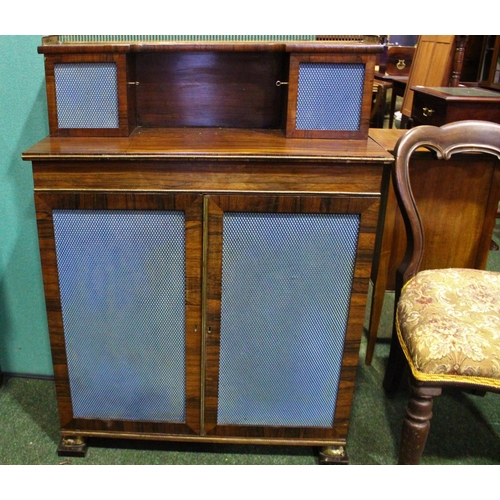 43 - A 19TH CENTURY ROSEWOOD TWO DOOR CHIFFONERE CABINET, with a top gallery section housing a pair of ca... 