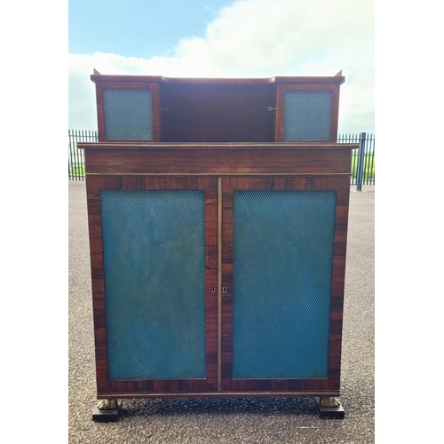 43 - A 19TH CENTURY ROSEWOOD TWO DOOR CHIFFONERE CABINET, with a top gallery section housing a pair of ca... 