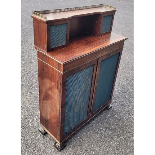 43 - A 19TH CENTURY ROSEWOOD TWO DOOR CHIFFONERE CABINET, with a top gallery section housing a pair of ca... 