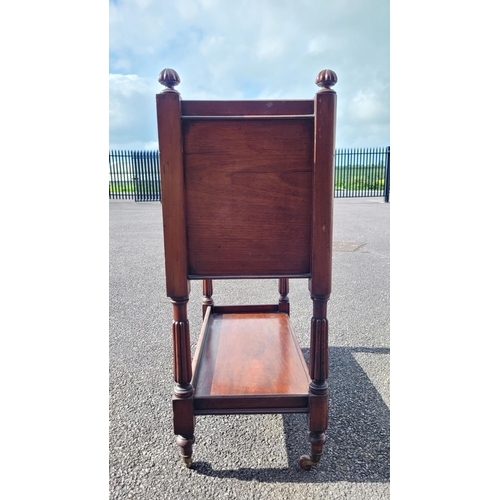 49 - A LATE 19TH / EARLY 20TH CENTURY MAHOGANY THREE TIER SIDE BOARD/OPEN CABINET, the tip of each of the... 