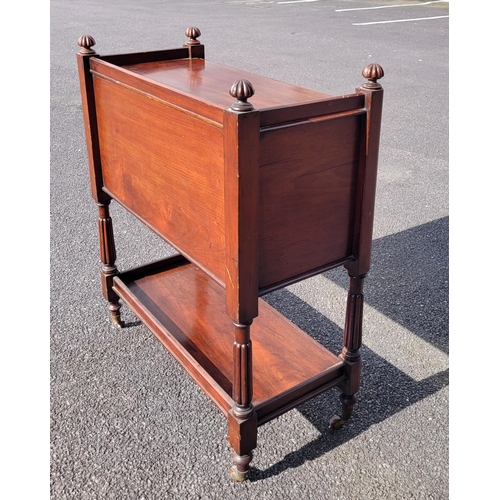 49 - A LATE 19TH / EARLY 20TH CENTURY MAHOGANY THREE TIER SIDE BOARD/OPEN CABINET, the tip of each of the... 