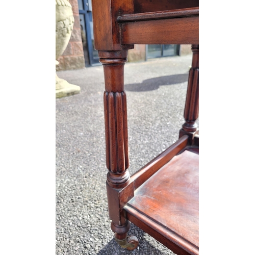 49 - A LATE 19TH / EARLY 20TH CENTURY MAHOGANY THREE TIER SIDE BOARD/OPEN CABINET, the tip of each of the... 