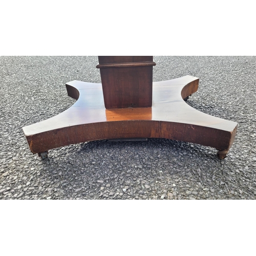 53 - A VERY FINE 19TH CENTURY FOLD OVER MAHOGANY TEA TABLE, with rounded corners to the inlaid table top ... 