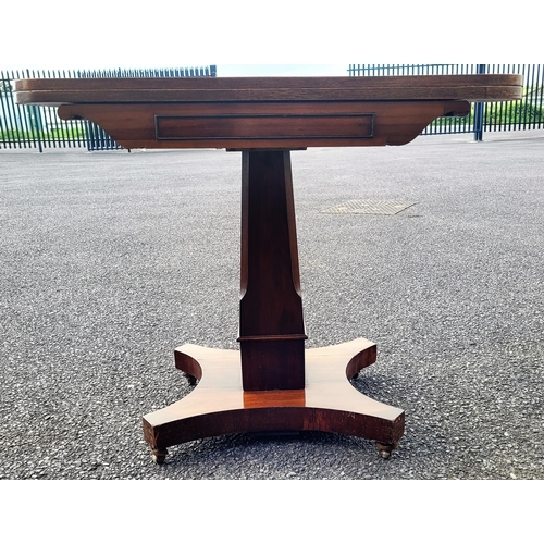 53 - A VERY FINE 19TH CENTURY FOLD OVER MAHOGANY TEA TABLE, with rounded corners to the inlaid table top ... 