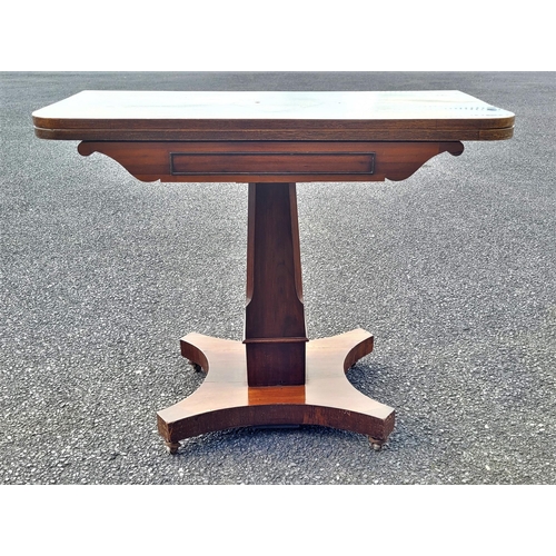 53 - A VERY FINE 19TH CENTURY FOLD OVER MAHOGANY TEA TABLE, with rounded corners to the inlaid table top ... 