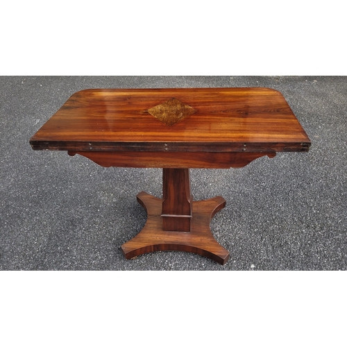 53 - A VERY FINE 19TH CENTURY FOLD OVER MAHOGANY TEA TABLE, with rounded corners to the inlaid table top ... 