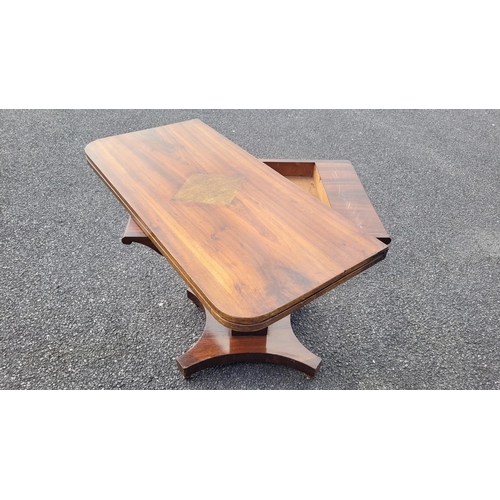 53 - A VERY FINE 19TH CENTURY FOLD OVER MAHOGANY TEA TABLE, with rounded corners to the inlaid table top ... 