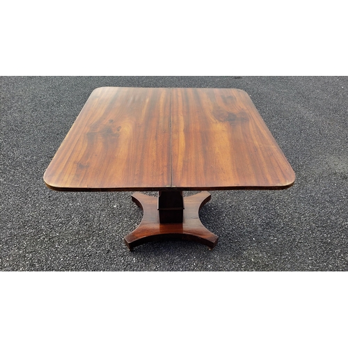 53 - A VERY FINE 19TH CENTURY FOLD OVER MAHOGANY TEA TABLE, with rounded corners to the inlaid table top ... 