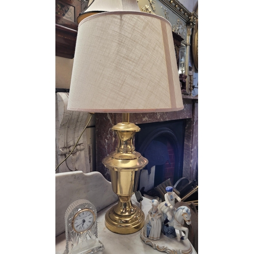 54 - A PAIR OF BALUSTER SHAPED BRASS STYLE TABLE LAMPS, each with a shade, 68cm tall with shade, 48cm tal... 