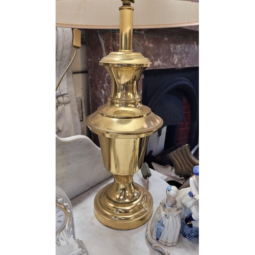 54 - A PAIR OF BALUSTER SHAPED BRASS STYLE TABLE LAMPS, each with a shade, 68cm tall with shade, 48cm tal... 