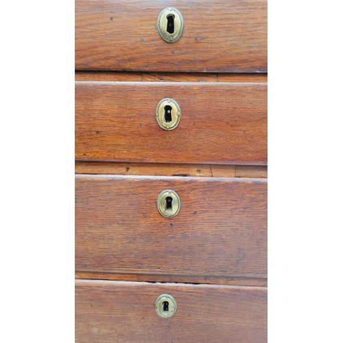 59 - AN OAK DROP FRONT SECRETAIRE DESK, four graduated drawers each with brass swing handles, raised on b... 