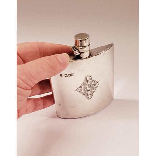 6 - A VERY GOOD QUALITY LATE 19TH CENTURY DEMI-LUNE SHAPED SILVER HIP FLASK, from London, with a date le... 