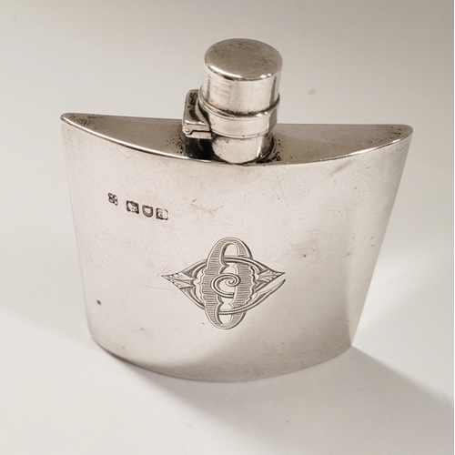 6 - A VERY GOOD QUALITY LATE 19TH CENTURY DEMI-LUNE SHAPED SILVER HIP FLASK, from London, with a date le... 