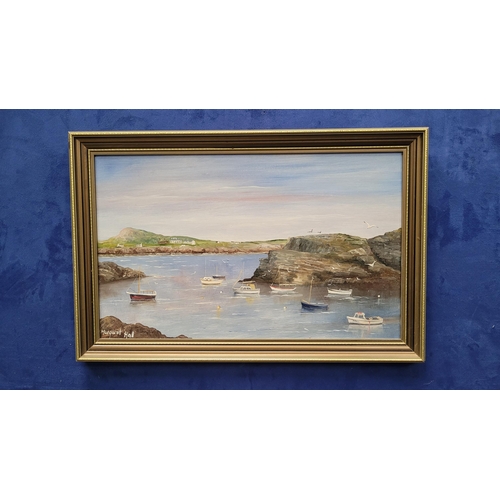 60 - MARGARET HALL, (20TH CENTURY, ENGLISH) COASTAL SCENE WITH BOATS, oil on board, signed lower left. Fr... 