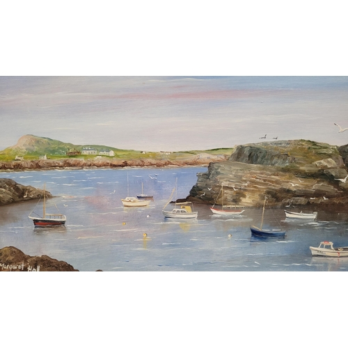 60 - MARGARET HALL, (20TH CENTURY, ENGLISH) COASTAL SCENE WITH BOATS, oil on board, signed lower left. Fr... 