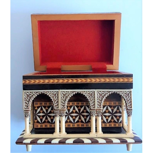 68 - A BEAUTIFUL MARQUETRY INLAID ‘KHATAM KARI’ JEWELLERY BOX, in the form of a building, the roof being ... 