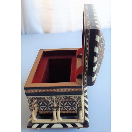 68 - A BEAUTIFUL MARQUETRY INLAID ‘KHATAM KARI’ JEWELLERY BOX, in the form of a building, the roof being ... 