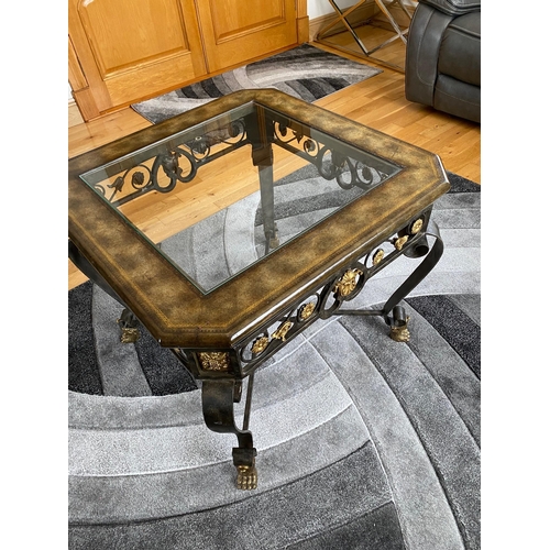 69 - A VERY GOOD QUALITY GLASS TOPPED COFFEE TABLE, the top with canted corners and a leather inset detai... 