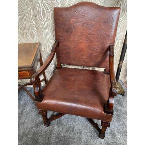 73 - A PAIR OF VERY GOOD QUALITY MAHOGANY ARM CHAIRS, with camel shaped backrests having curved carved ar... 