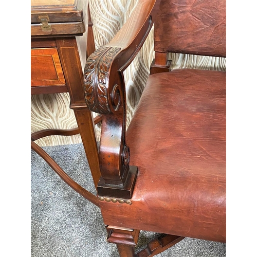 73 - A PAIR OF VERY GOOD QUALITY MAHOGANY ARM CHAIRS, with camel shaped backrests having curved carved ar... 