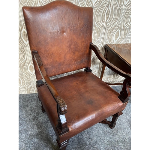 73 - A PAIR OF VERY GOOD QUALITY MAHOGANY ARM CHAIRS, with camel shaped backrests having curved carved ar... 