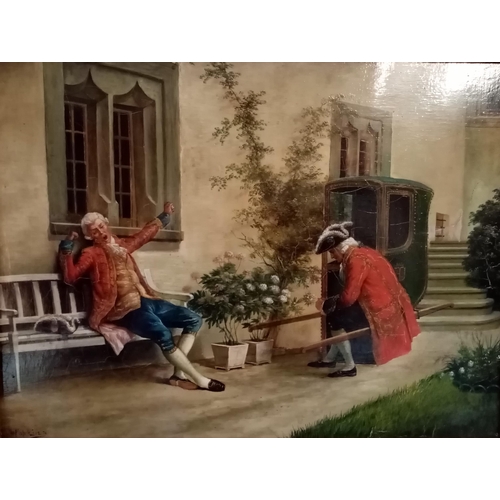 87 - HOPKINS, (19TH CENTURY), HAVING A REST, oil on panel, signed lower left. Framed in an original swept... 