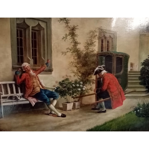 87 - HOPKINS, (19TH CENTURY), HAVING A REST, oil on panel, signed lower left. Framed in an original swept... 