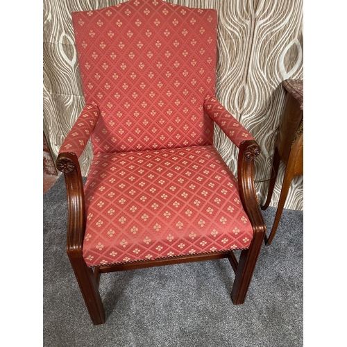 9 - A VERY GOOD PAIR OF GAINSBORUGH STYLE ARMCHAIRS, each with a camel shaped backrest, with padded armr... 